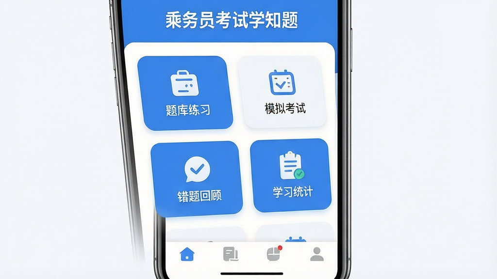 一张手机屏幕展示乘务员考试学知题软件首页界面,整体布局为顶部显示软件名称“乘务员考试学知题”,中部为功能模块卡片式排列包含题库练习、模拟考试、错题回顾、学习统计等图标,底部为导航栏,风格为现代扁平化设计,配色以蓝色和白色为主,细节清晰按钮圆角,画质高清干净无多余元素