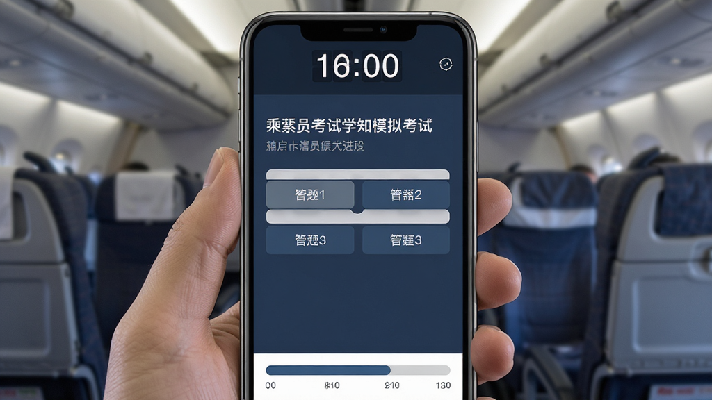 一张手机屏幕展示乘务员考试学知题模拟考试界面,画面顶部显示倒计时器,中部为考试题目与选项按钮,底部为答题卡进度条,风格为简约商务风,配色沉稳,细节按钮清晰,画质高清干净无多余元素