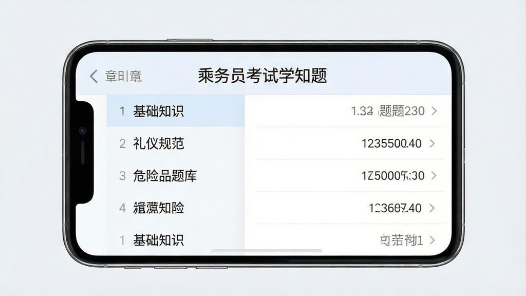 一张手机应用界面截图风格图片,画面中央展示“乘务员考试学知题”题库分类页面,左侧为章节列表包含基础知识、礼仪规范、危险品题库等条目,右侧为对应题目数量统计,整体排版整齐,风格为清爽浅色系,细节精致,画质高清干净无多余元素