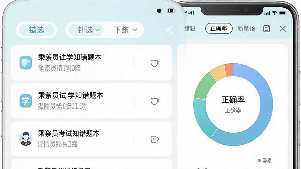 一张手机应用界面展示乘务员考试学知题错题本页面,画面中显示错题列表与正确率统计环形图,顶部有筛选标签,整体布局清晰,风格为清新浅色,细节图标精致,画质高清干净无多余元素