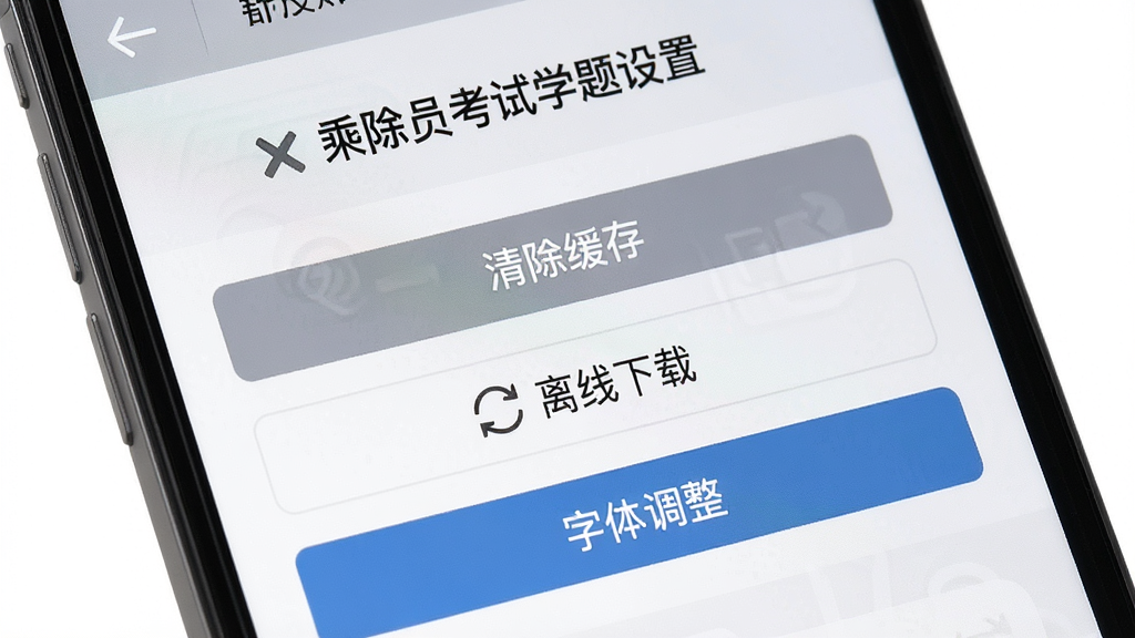 一张手机屏幕展示乘务员考试学知题设置页面,画面中包含清除缓存、离线下载、字体调整等选项按钮,整体布局简洁明了,风格为素雅极简,配色以灰白蓝为主,细节图标清晰,画质高清干净无多余元素