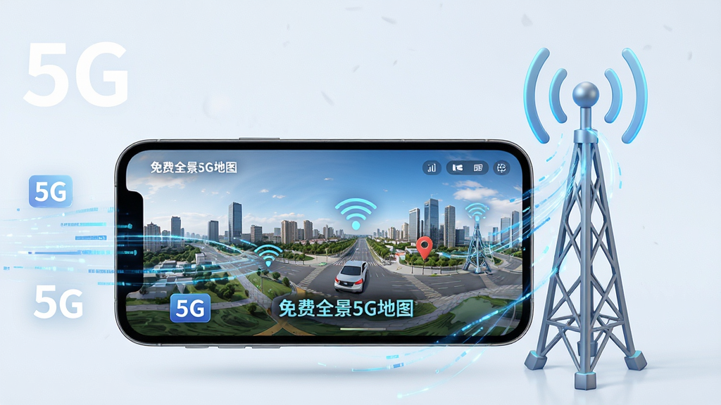 主体为免费全景5G地图在5G网络下快速加载全景画面的场景,布局采用手机与信号塔组合构图,排版突出速度感,风格为未来科技风,细节包括5G标识、数据流线条、地图界面和软件名称文字
