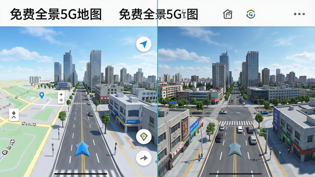 主体为免费全景5G地图软件界面展示城市全景街景,布局采用左右分屏对比2D地图与3D全景画面,排版清晰,风格为现代简约科技风,细节包括街道建筑、天空、导航箭头和软件名称文字