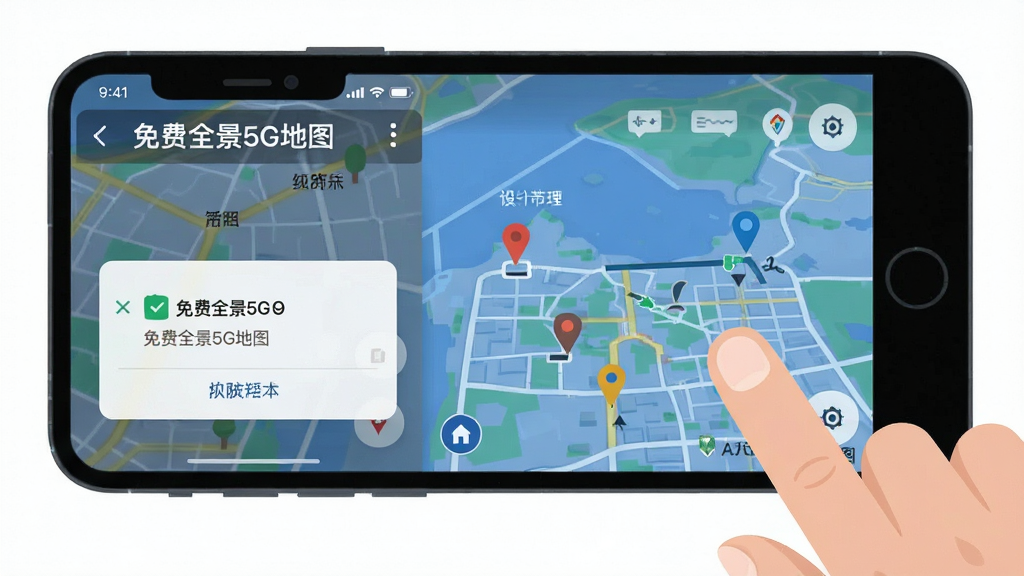 主体为免费全景5G地图在手机上的操作界面截图风格插画,布局采用手机屏幕特写与手指点击动作组合,排版突出操作步骤,风格为扁平化教程插画,细节包括权限弹窗、地图界面和软件名称文字