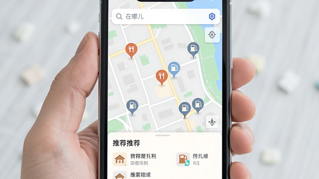 软件“在哪儿”展示周边查询功能,主体为手机地图界面,布局为地图上分布多个地点标记,排版为顶部搜索栏、底部推荐列表,风格清新浅色,细节包含餐厅、加油站图标,画质高清,干净,无多余元素