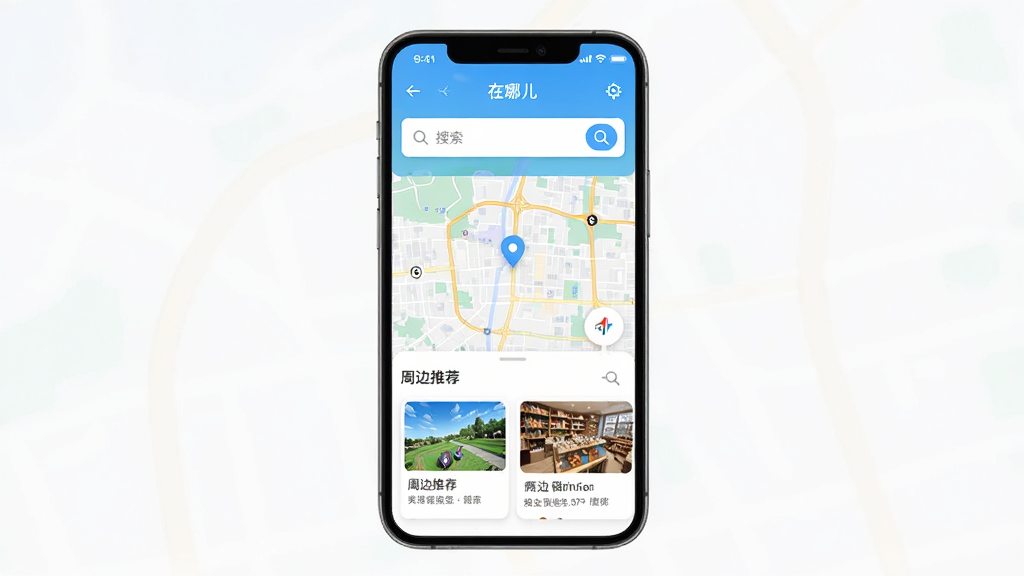 软件名称“在哪儿”主界面全貌,主体为手机屏幕显示地图与搜索框,布局居中,排版清晰,风格现代简约,细节包含定位图标、搜索按钮、周边推荐卡片,画质高清,干净,无多余元素