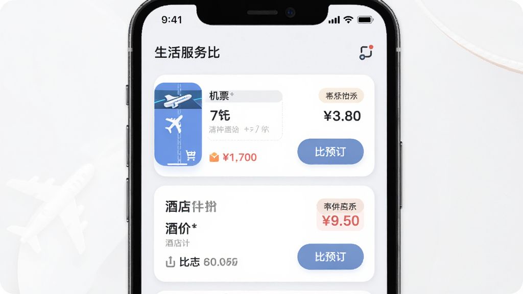 软件“在哪儿”展示生活服务比价界面,主体为手机屏幕显示机票与酒店价格对比,布局为列表式,排版清晰,风格柔和圆角,细节包含价格标签、预订按钮、比价图标,画质高清,干净,无多余元素