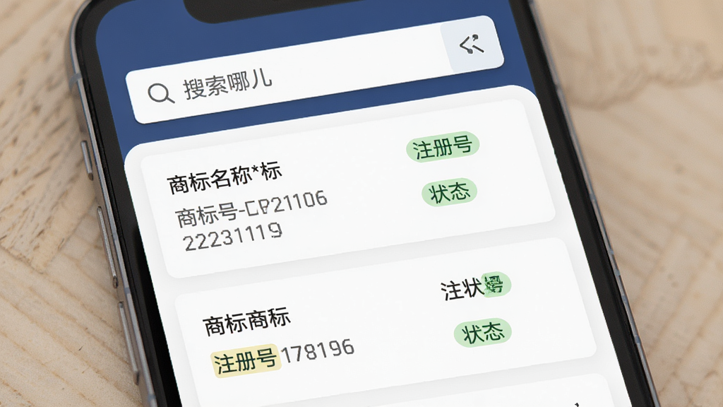 软件“在哪儿”展示商标查询界面,主体为手机屏幕显示查询结果列表,布局为顶部搜索框、中部结果卡片,排版整齐,风格商务简约,细节包含商标名称、注册号、状态标签,画质高清,干净,无多余元素