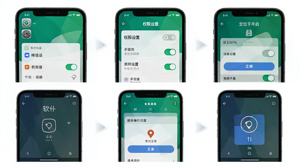 软件“在哪儿”操作教程示意图,主体为手机屏幕显示权限设置与定位开启步骤,布局为分步截图,排版为上下结构,风格简洁明了,细节包含设置图标、权限开关、定位按钮,画质高清,干净,无多余元素
