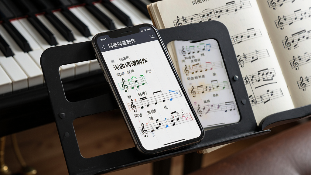 一幅AI生图,画面中一部智能手机平放在乐谱架上,手机屏幕显示“词曲词谱制作”软件正在进行词曲匹配,屏幕上有歌词文字与音符对应排列的示意,背景是钢琴键盘和五线谱本,风格写实,细节丰富,画质高清干净