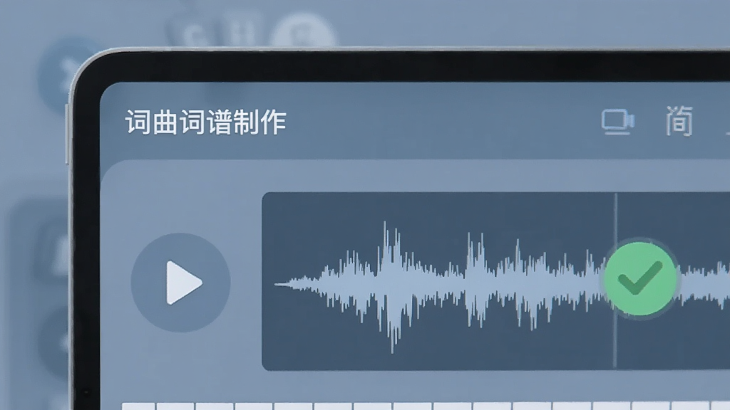 一张AI生成的图片,展示“词曲词谱制作”软件界面中试听与校对功能的局部放大图,屏幕上有播放按钮和波形示意,旁边有打勾的检测标记,背景是柔和的蓝灰色调,风格科技简洁,画质清晰,无杂乱元素