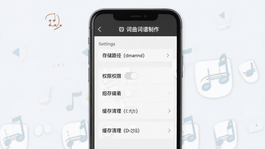 一张AI生成的图片,展示“词曲词谱制作”软件在手机上的设置页面,页面中有存储路径选择、权限开关、缓存清理等选项,界面风格简洁,背景为浅色,画质清晰干净