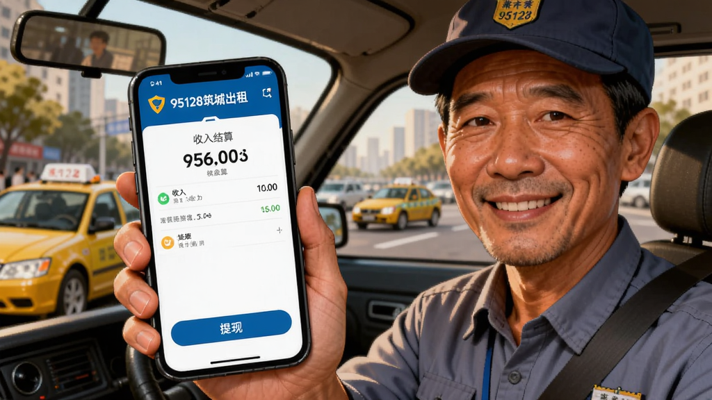 画面展示一位出租车司机手持手机,手机屏幕上显示