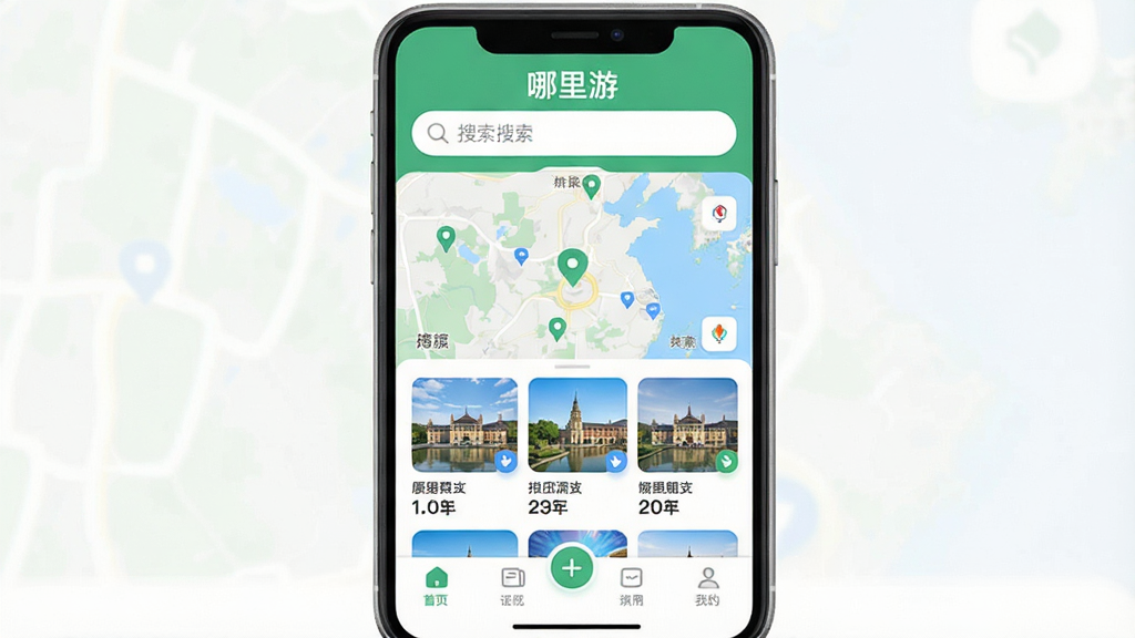 一张手机屏幕展示“哪里游”应用首页,画面中央是地图与景点卡片列表,顶部有搜索栏,底部有导航按钮,整体布局清晰,风格为扁平化清新设计,细节包括绿色与蓝色主色调、圆角图标、简洁文字排版,画质高清,干净,无多余元素