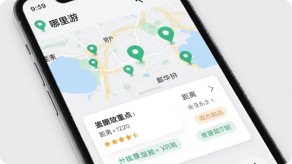 手机界面展示“哪里游”周边推荐列表,地图上散布多个地点标记,下方卡片显示景点名称、距离、评分和标签,画面风格清爽,布局为上下结构,细节包括绿色定位图标、白色卡片、浅灰背景,画质高清,干净,无多余元素