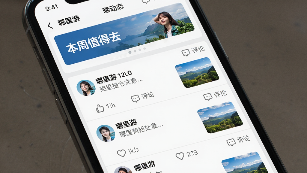 手机屏幕显示“哪里游”社区动态页面,用户头像与文字分享交替排列,配有小尺寸风景图,顶部有“本周值得去”横幅,风格为社交卡片流,细节包括点赞图标、评论气泡、浅灰分割线,画质高清,干净,无多余元素