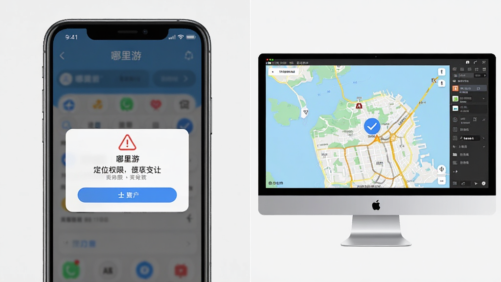 一张手机与电脑并排展示“哪里游”操作界面的对比图,左侧手机显示定位权限弹窗,右侧电脑模拟器显示地图页面,布局为左右对照,风格为教程示意图,细节包括红色警告图标、蓝色对勾、灰色背景,画质高清,干净,无多余元素