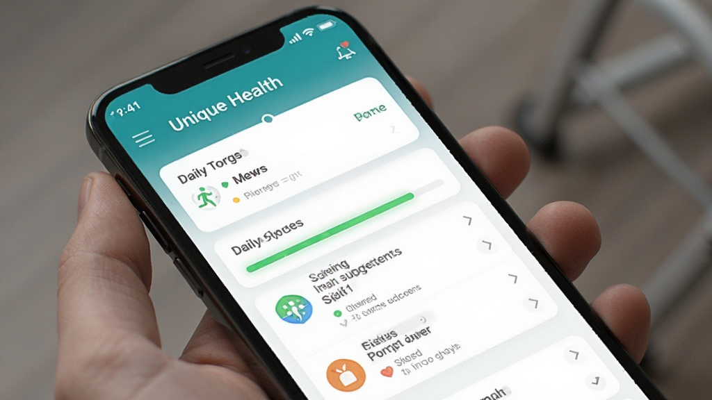 Unique Health 个性化计划界面,展示每日目标设定和进度条,包含运动建议和饮食提示,布局合理,现代风格,手机屏幕展示,画质清晰