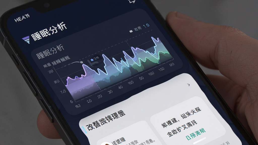 Unique Health 睡眠分析界面,展示睡眠周期图和改善建议,深色背景,柔和色调,手机屏幕展示,细节丰富,画质干净