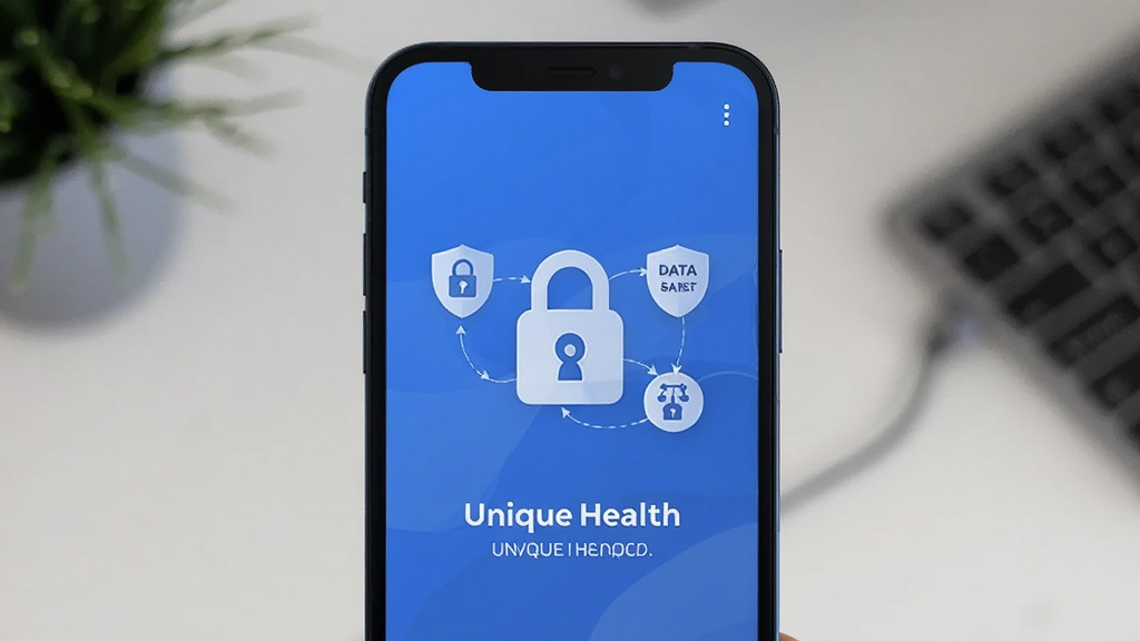 Unique Health 隐私保护界面,展示加密锁和数据安全图标,简洁风格,蓝色调,手机屏幕展示,画质清晰,无多余元素