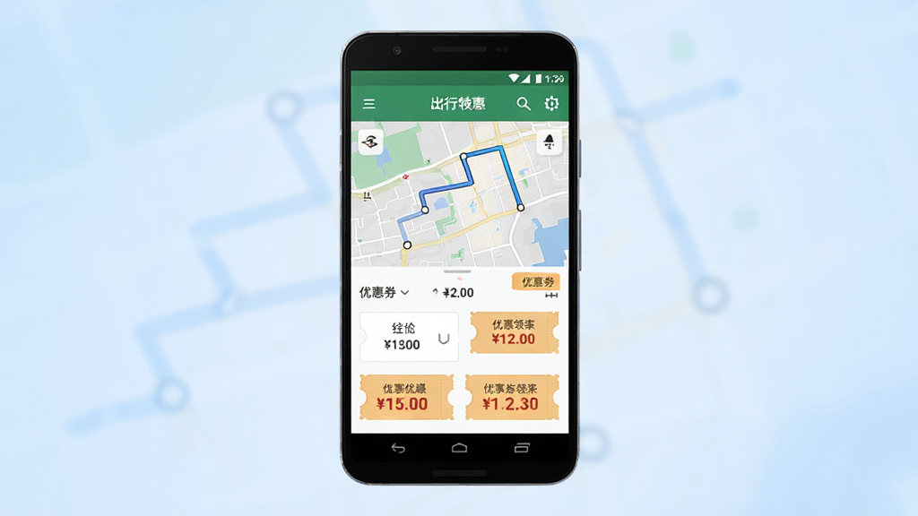 低价特惠出行手机APP界面展示,主体为一部安卓手机,屏幕中显示打车比价与优惠券领取页面,布局为居中手机展示,背景为浅蓝色渐变,风格为简洁科技风,细节包含地图路线、价格标签、优惠券图标,画质高清,画面干净,无多余元素