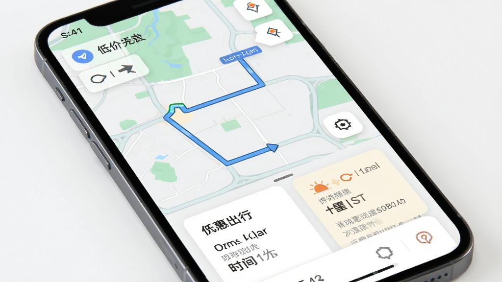 低价特惠出行APP实时路线规划页面,主体为手机地图界面,布局为地图占主要区域下方显示路线卡片,风格为现代扁平化,细节包含路线线条、时间预估、路况颜色标识,画质高清,画面干净,无多余元素