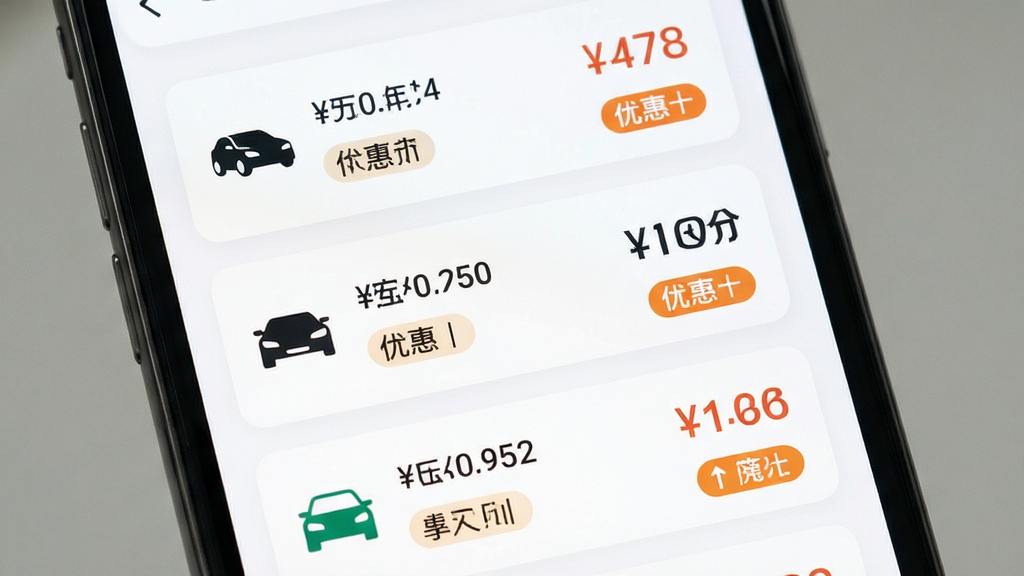 低价特惠出行APP智能比价界面,主体为手机屏幕中的价格对比列表,布局为上下排列的多条报价卡片,风格为清爽简约,细节包含不同车型图标、价格数字、优惠标签,画质清晰,画面干净,无多余元素
