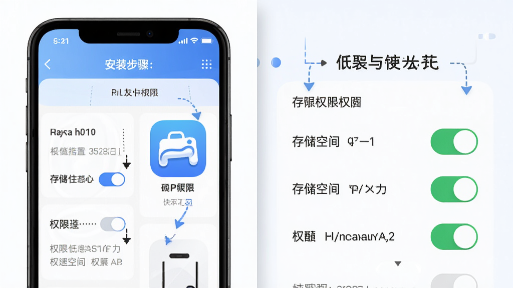低价特惠出行APP安装与权限设置示意图,主体为手机设置界面与APP图标,布局为左右分栏展示安装步骤与权限开关,风格为教程图解风,细节包含箭头指引、权限开关图标、存储空间提示,画质清晰,画面干净,无多余元素