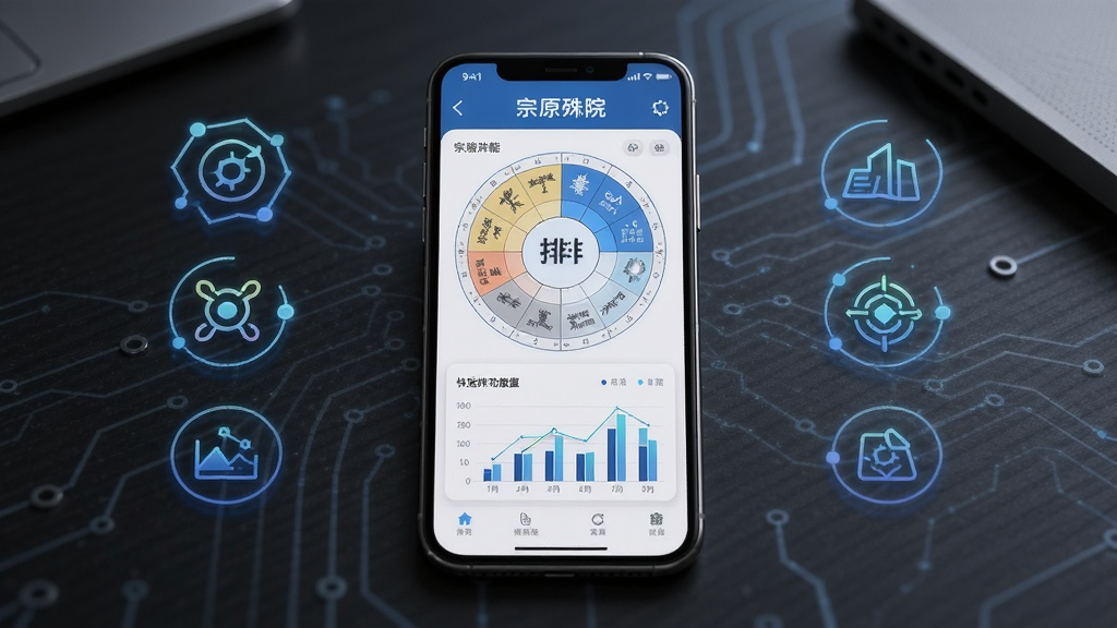 宗原殊院快速排盘功能展示图,画面中一部手机放置在桌面,屏幕显示排盘结果与数据图表,旁边有简洁的图标装饰,整体布局居中,风格清爽科技感,细节清晰,画质高清,无杂乱元素