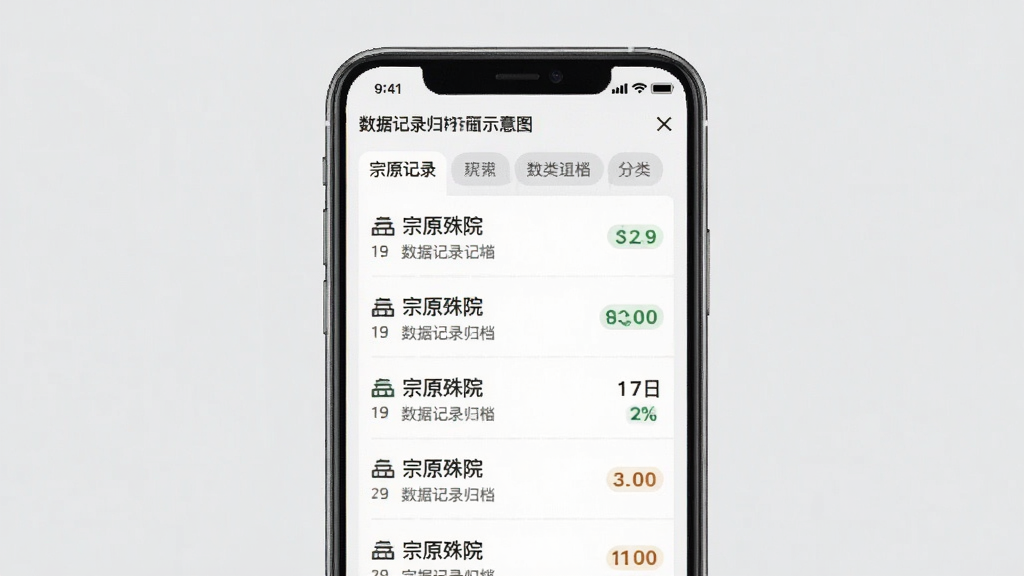 宗原殊院数据记录归档界面示意图,手机屏幕展示列表式记录条目与标签分类,背景为浅灰色调,布局整齐,风格简约商务,细节干净,画质清晰,无多余装饰