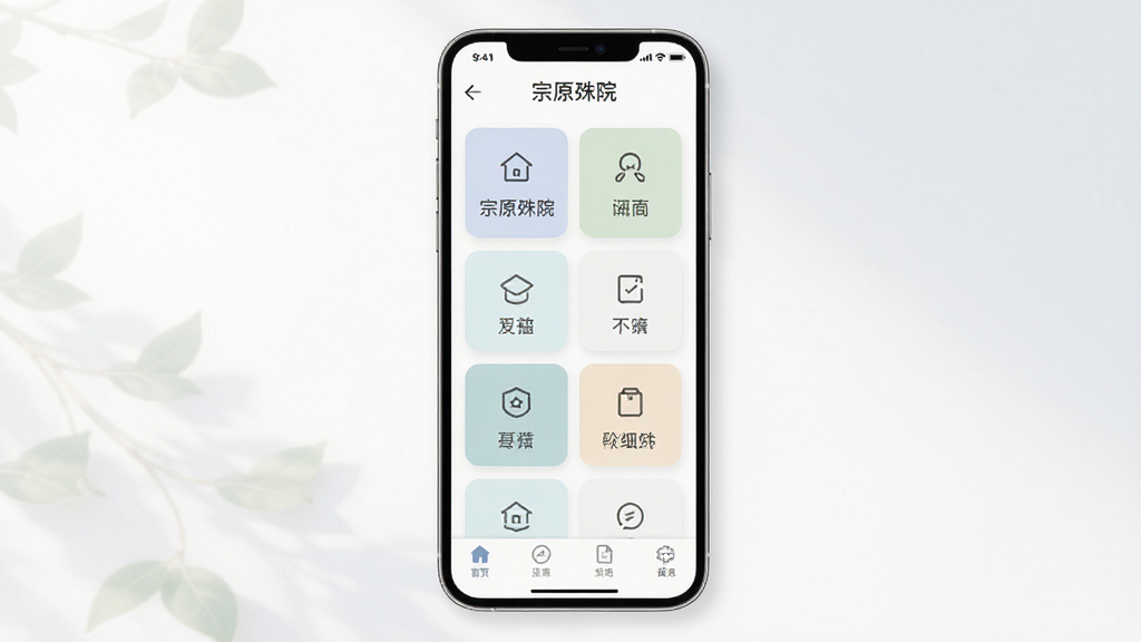 宗原殊院界面布局展示图,手机屏幕呈现底部导航栏与功能卡片,色彩柔和,布局对称,风格清新浅色,细节精致,画质高清,画面干净整洁