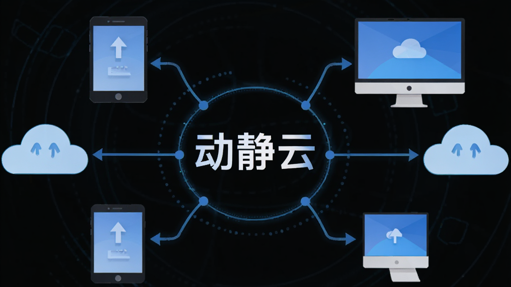 动静云多端同步示意图,画面中央为“动静云”文字标识,周围环绕手机、平板、电脑三种设备图标,布局采用中心辐射式,风格为科技感扁平插画,细节包括设备间的连接线条、云朵图标、同步箭头,画质高清,画面干净,无杂乱元素