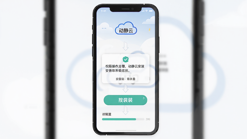 动静云安装操作步骤示意图,画面展示“动静云”软件在手机上的安装界面,布局为纵向步骤展示,风格为扁平化教程插画,细节包括安装按钮、权限提示弹窗、进度条,画质清晰,画面干净,无多余元素