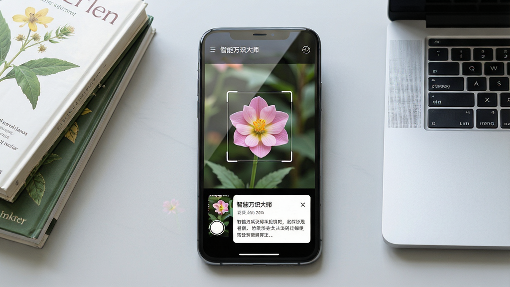 一幅展示智能万识大师软件界面的场景图,画面中央是一部智能手机,手机屏幕上显示着相机取景框,取景框内有一朵鲜花被识别框标注,屏幕下方弹出识别结果卡片,显示花卉名称和简介,手机周围摆放着几本植物图鉴和一台笔记本电脑,整体布局居中对称,风格清新明亮,细节上手机屏幕有轻微反光,背景为浅灰色桌面,画质高清,干净整洁,无多余元素