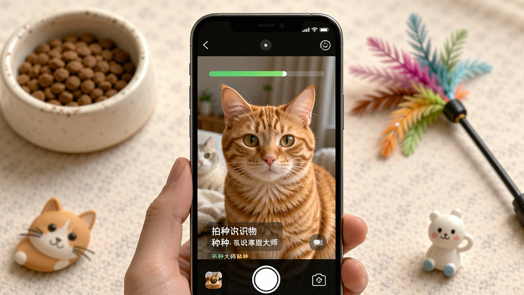 一幅展示智能万识大师拍照识物功能的AI生图,画面主体是一部手机正在拍摄一只橘猫,手机屏幕显示识别进度条和猫的品种信息,布局为手机居中,周围环绕着猫粮碗、逗猫棒等小物件,风格写实温馨,细节上猫的毛发清晰可见,屏幕文字为中文,画质高清,干净,无多余元素