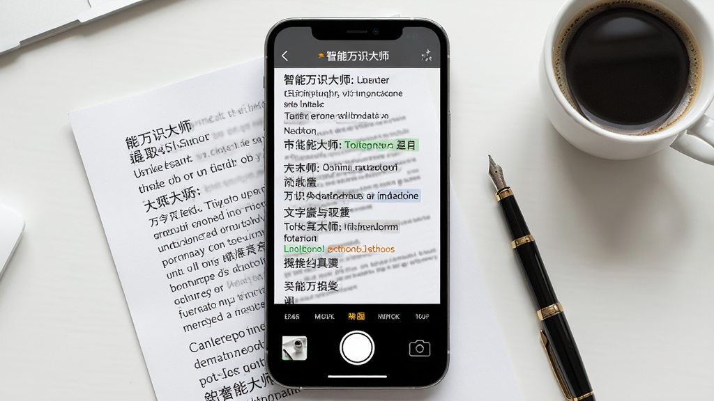 一幅展示智能万识大师文字提取功能的AI生图,画面中央手机拍摄一张印有英文和中文的纸质文档,屏幕上方显示识别后的可编辑文本,布局为手机正对文档,旁边放着一支钢笔和一杯咖啡,风格商务简约,细节上文档文字清晰,屏幕文字为中文和英文混合,画质高清,干净,无多余元素
