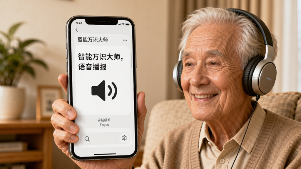 一幅展示智能万识大师语音播报功能的AI生图,画面中央一部手机屏幕显示识别结果和喇叭图标,手机旁边有一位老人戴着耳机微笑倾听,布局为手机和人物左右呼应,风格温暖居家,细节上手机屏幕文字清晰,人物表情自然,画质高清,干净,无多余元素