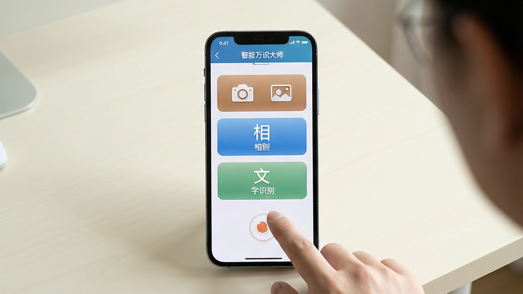 一幅展示智能万识大师新手使用场景的AI生图,画面中央一部手机显示软件主界面,界面有拍照、相册、文字识别三个大按钮,手机旁边有一只手正在点击拍照按钮,布局为手机居中,背景是简洁的浅色桌面,风格清新直观,细节上按钮图标清晰,屏幕文字为中文,画质高清,干净,无多余元素
