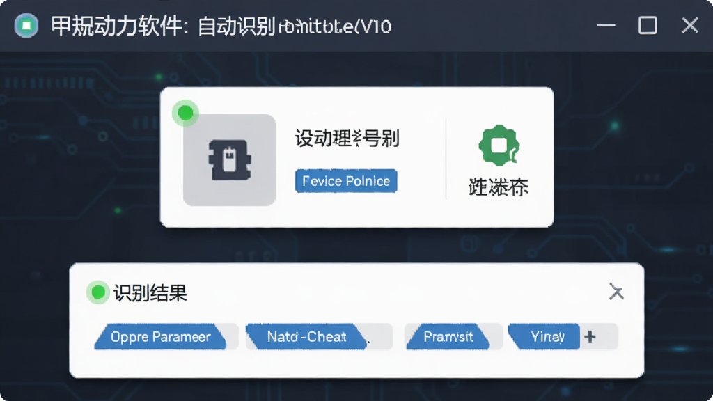 画面主体为甲胄动力软件自动识别控制器型号的界面截图,屏幕中央显示设备型号卡片与连接状态图标;布局采用上下结构,上方为软件标题栏,下方为识别结果卡片;排版简洁,卡片带有轻微阴影;风格为扁平化科技风,细节包含绿色连接指示灯与蓝色参数标签;画质清晰干净,无多余元素。