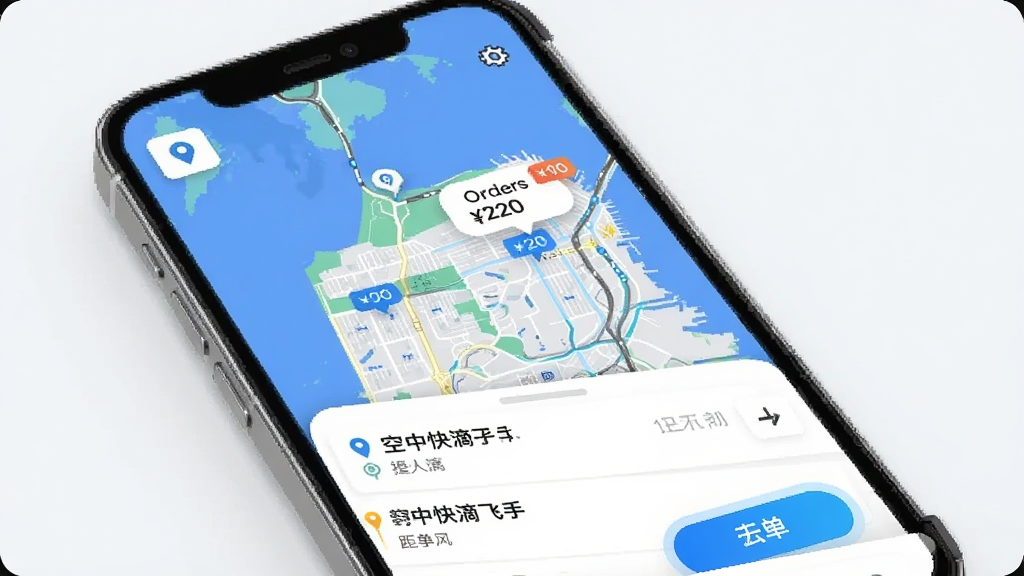 空中快滴飞手APP智能订单匹配功能界面预览图,主体为手机屏幕显示地图与订单气泡,布局为地图占据主视觉、底部弹出订单卡片列表,风格为清新科技风,细节包括定位图标、订单价格标签、距离显示、抢单按钮,画质清晰干净无多余元素