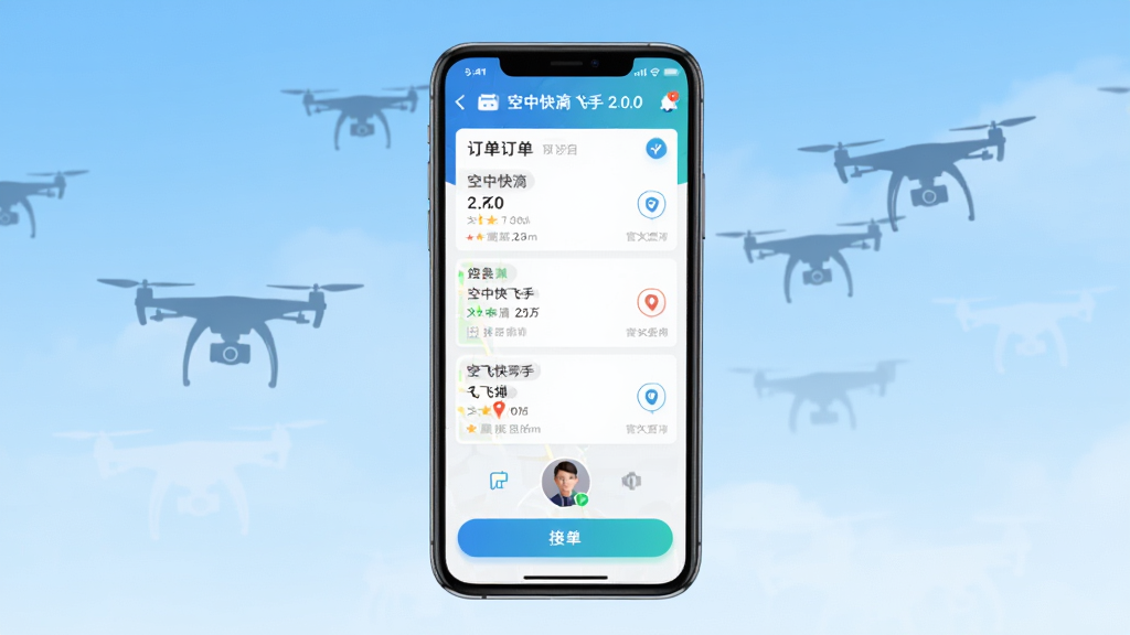 空中快滴飞手 2.0.0 官方下载页面预览图,主体为一部智能手机屏幕展示空中快滴飞手APP主界面,界面内包含订单列表、地图定位、飞手头像与接单按钮,布局为居中手机展示,背景为浅蓝渐变天空与无人机剪影,风格为现代科技感扁平化设计,细节包括界面中的图标、文字标签、按钮高亮状态,画质清晰干净无多余元素