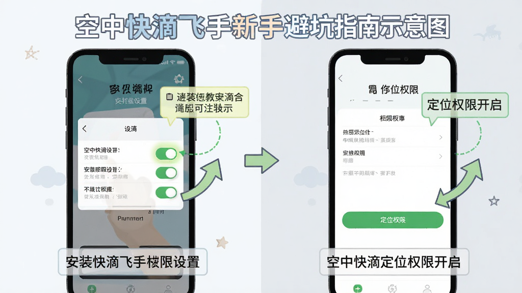 空中快滴飞手新手避坑指南示意图,主体为手机屏幕显示安装权限设置与定位权限开启界面,布局为左右分屏对比图,风格为扁平化教学风格,细节包括权限开关高亮、提示文字框、箭头引导,画质清晰干净无多余元素