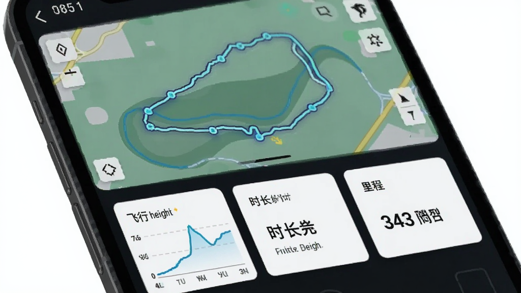 空中快滴飞手飞行数据记录功能展示图,主体为手机屏幕显示飞行轨迹地图与数据面板,布局为上半部分地图轨迹、下半部分数据卡片,风格为深色科技风,细节包括飞行高度曲线、时长统计、里程数字,画质清晰干净无多余元素