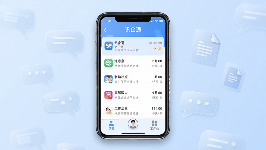 画面中央放置一部智能手机,手机屏幕显示“讯企通”应用主界面,界面包含消息列表、联系人、工作台三个底部导航图标,背景为浅蓝色渐变,周围漂浮半透明的聊天气泡和文件图标,整体布局简洁对称,风格为现代扁平化科技风,细节上手机边缘有轻微阴影和高光,画质清晰干净,无多余元素