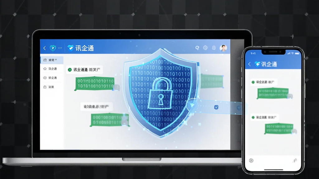 画面主体为一台笔记本电脑和一部手机并排摆放,两者屏幕均显示“讯企通”加密聊天界面,中间有一把发光的蓝色盾牌图标连接两者,背景为深灰色科技网格,布局左右对称,风格为商务安全科技风,细节上盾牌表面有二进制代码纹理,画质高清,干净无杂乱元素