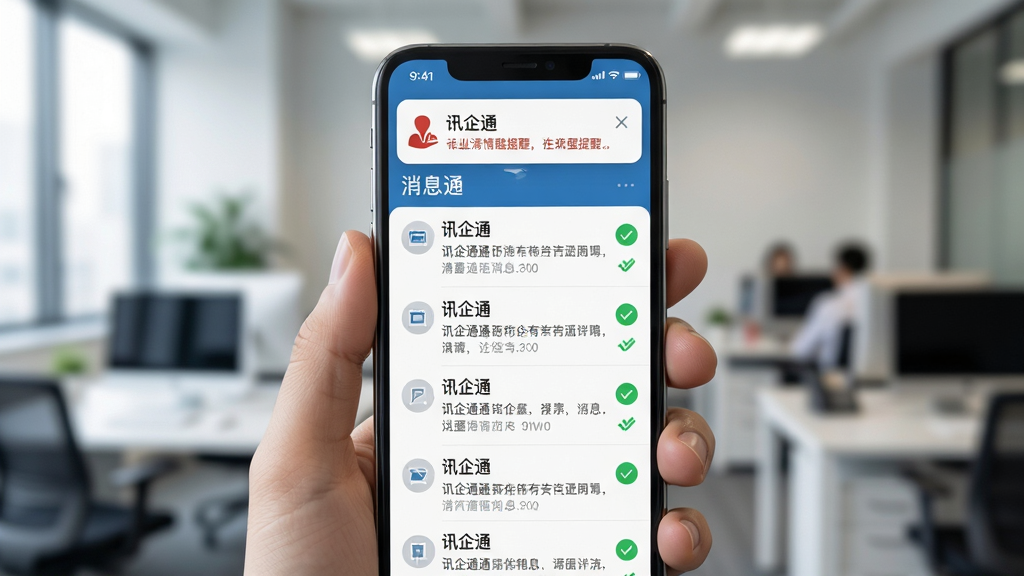 画面中心为一只手持智能手机,屏幕显示“讯企通”消息列表,每条消息右侧有绿色双勾已读标记,屏幕上方弹出强提醒横幅,背景为虚化的办公室场景,布局以手机为视觉焦点,风格为写实商务风,细节上手机界面文字清晰可辨,画质锐利,干净无杂乱
