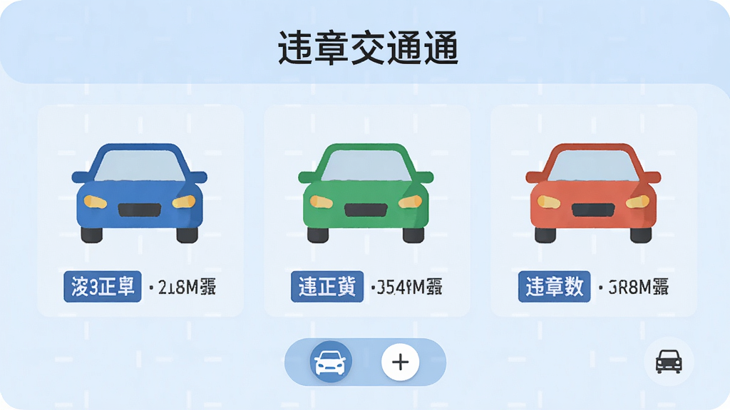 画面中展示“违章交通通”多车管理界面,三辆不同颜色的小汽车图标并排排列,每辆车下方显示车牌号和违章数量,界面布局整齐,背景为淡蓝色,风格为现代扁平化设计,细节包括车辆切换按钮和添加车辆图标,画质高清,干净,无多余元素