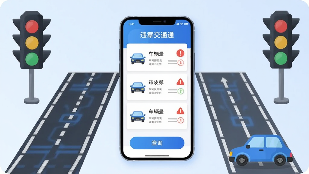 画面中央一部智能手机,屏幕上显示“违章交通通”应用界面,界面中有车辆违章记录列表和查询按钮,手机周围环绕交通信号灯、道路标线、小汽车等交通元素,整体布局简洁清晰,背景为浅蓝色渐变,风格为扁平化科技风,细节包括车辆图标和红色感叹号提醒标记,画质高清,干净,无多余元素