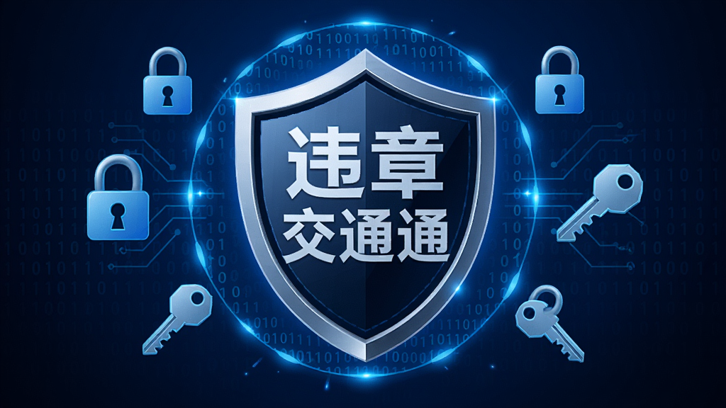 画面中央一个盾牌图标,盾牌上写有“违章交通通”字样,盾牌周围环绕锁头和钥匙图标,背景为深蓝色科技感渐变,风格为安全防护风,细节包括二进制代码和防护光环,画质高清,干净,无多余元素