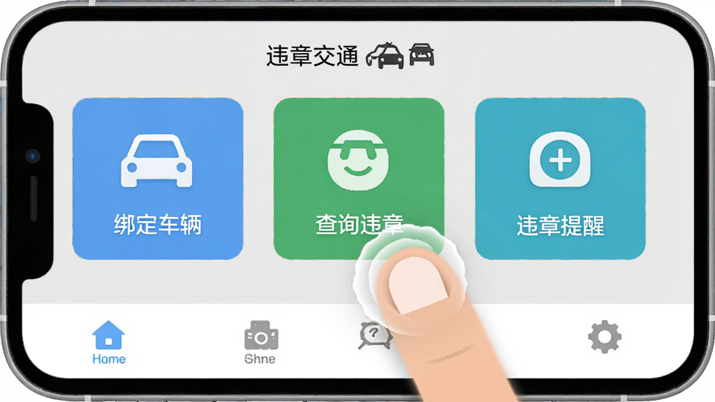 画面展示“违章交通通”移动端操作界面,手机屏幕上有绑定车辆、查询违章、违章提醒三个功能模块图标,界面下方有导航栏,背景为浅灰色,风格为扁平化移动UI设计,细节包括手指点击屏幕的动画效果,画质高清,干净,无多余元素